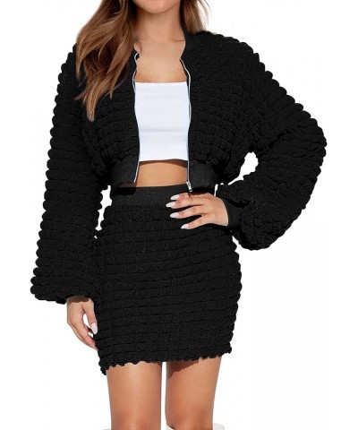 2 Piece Outfits for Women 2023 Fall Long Sleeve Full Zip Cropped Jacket and Bodycon Mini Dress Set Black $10.99 Suits