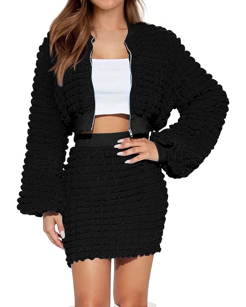 2 Piece Outfits for Women 2023 Fall Long Sleeve Full Zip Cropped Jacket and Bodycon Mini Dress Set Black $10.99 Suits