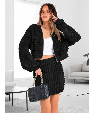 2 Piece Outfits for Women 2023 Fall Long Sleeve Full Zip Cropped Jacket and Bodycon Mini Dress Set Black $10.99 Suits