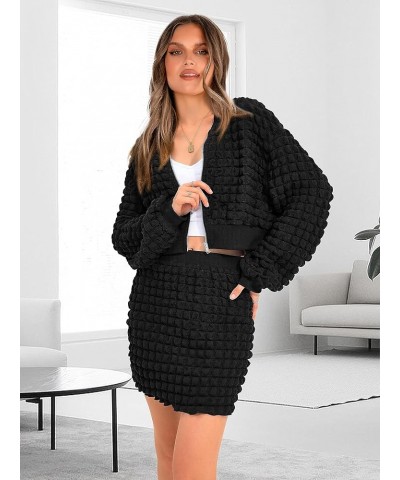 2 Piece Outfits for Women 2023 Fall Long Sleeve Full Zip Cropped Jacket and Bodycon Mini Dress Set Black $10.99 Suits