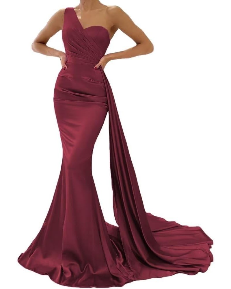 Women's One Shoulder Mermaid Bridesmaid Dresses Satin Prom Dresses Long Formal Evening Gowns with Tail XY030 Burgundy $35.64 ...