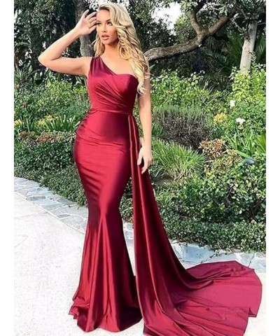 Women's One Shoulder Mermaid Bridesmaid Dresses Satin Prom Dresses Long Formal Evening Gowns with Tail XY030 Burgundy $35.64 ...