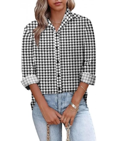 Blouse for Womens Casual Button Down Long Sleeve Shirts Collared Dressy Loose Fit Tunic V Neck Tops A--dogtooth $11.39 Blouses