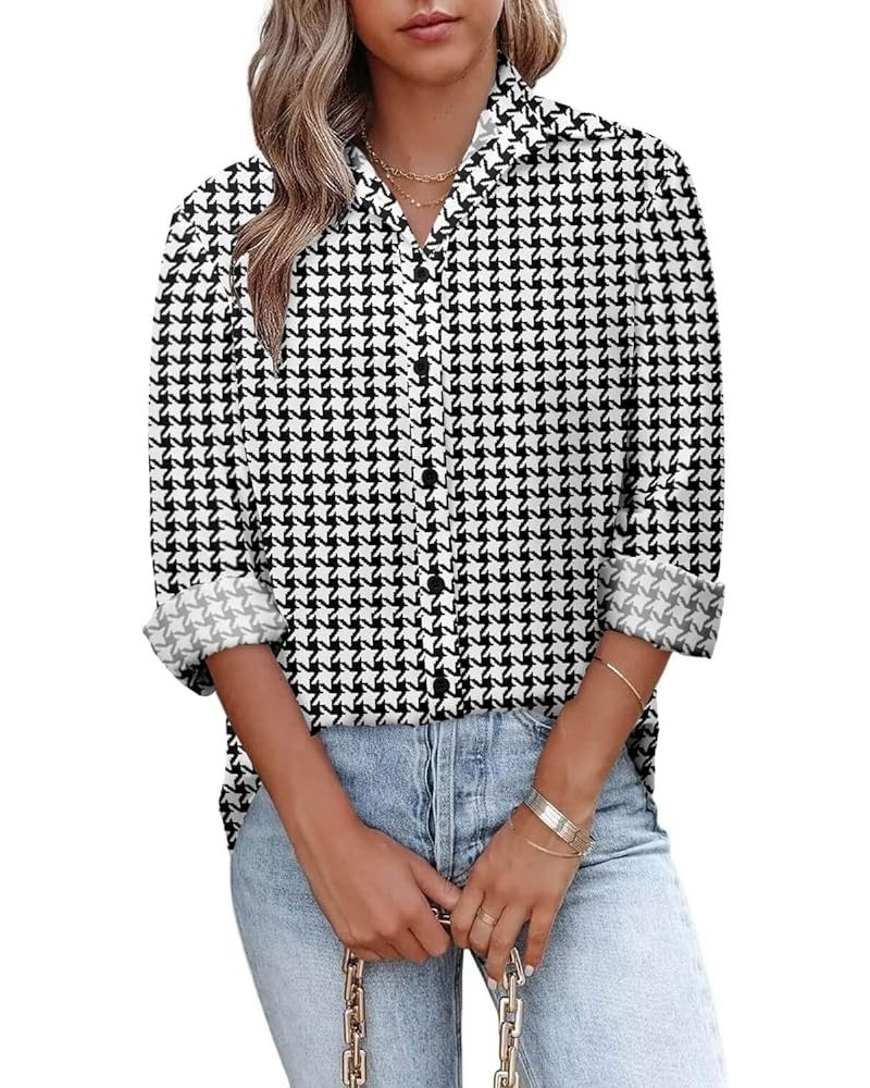 Blouse for Womens Casual Button Down Long Sleeve Shirts Collared Dressy Loose Fit Tunic V Neck Tops A--dogtooth $11.39 Blouses