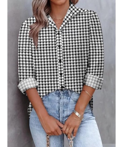 Blouse for Womens Casual Button Down Long Sleeve Shirts Collared Dressy Loose Fit Tunic V Neck Tops A--dogtooth $11.39 Blouses