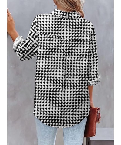 Blouse for Womens Casual Button Down Long Sleeve Shirts Collared Dressy Loose Fit Tunic V Neck Tops A--dogtooth $11.39 Blouses