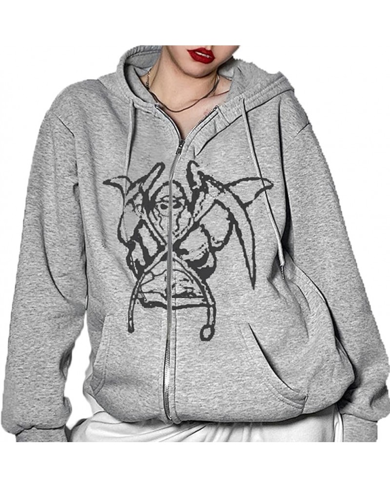 Women Grunge Skeleton Graphic Hooded Sweatshirt Halloween Full Zip Up Hoodie Jacket Coat With Pockets F Grey $14.03 Hoodies &...