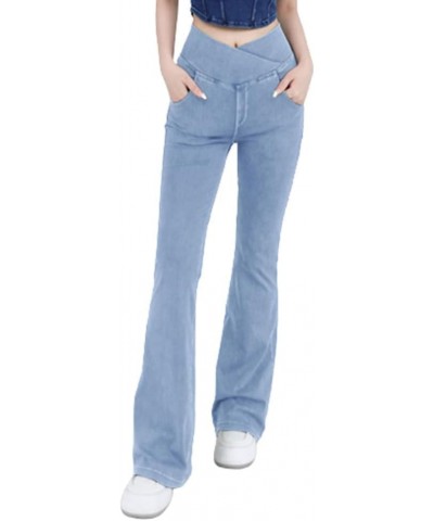 High Waisted Crossover Stretch Knit Wide Leg Denim Flare Jegging, Slim High Waist Blue Denim Pencil Pants Light Blue $12.40 J...