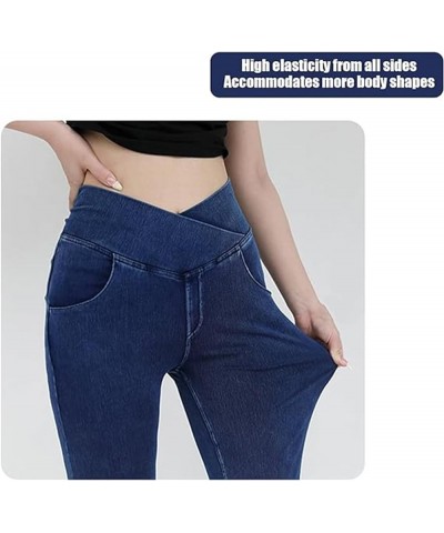 High Waisted Crossover Stretch Knit Wide Leg Denim Flare Jegging, Slim High Waist Blue Denim Pencil Pants Light Blue $12.40 J...