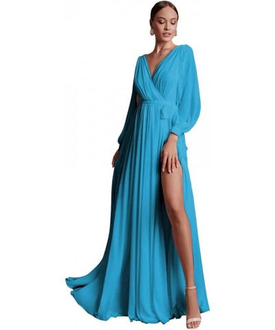 Long Sleeve Bridesmaid Dresses for Women Chiffon High Slit V Neck A Line Ruched Formal Evening Dress with Sash Blue $30.24 Dr...