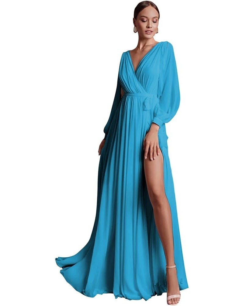 Long Sleeve Bridesmaid Dresses for Women Chiffon High Slit V Neck A Line Ruched Formal Evening Dress with Sash Blue $30.24 Dr...