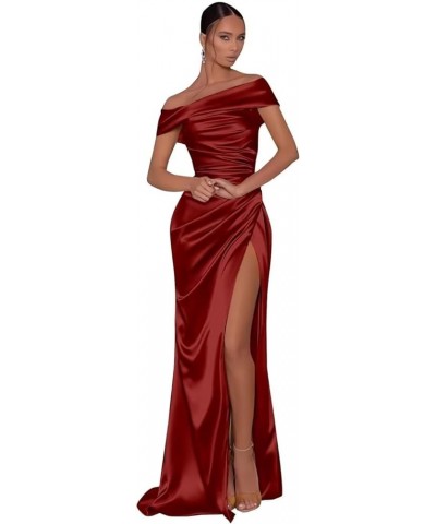 2023 Women's Off The Shoulder Mermaid Prom Dresses with Slit Long Ruched Satin Bridesmaid Wedding Guests Dresses. Burgundy $3...