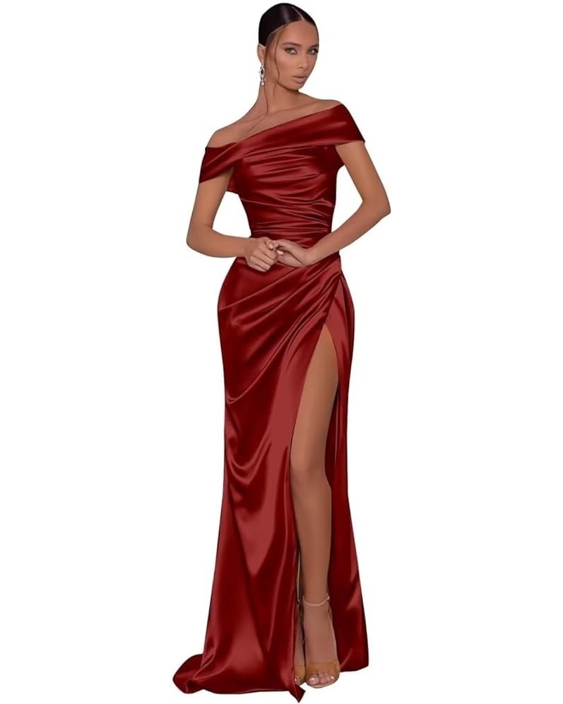 2023 Women's Off The Shoulder Mermaid Prom Dresses with Slit Long Ruched Satin Bridesmaid Wedding Guests Dresses. Burgundy $3...