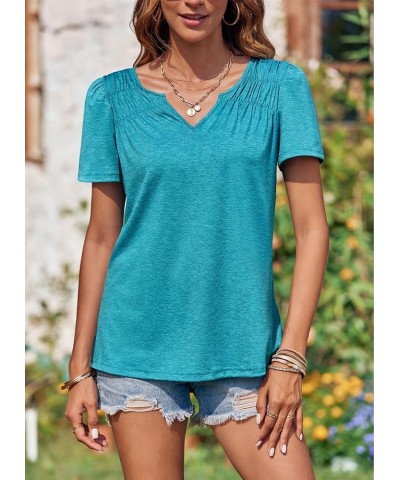 Women's V Neck Short Sleeve T Shirts Workout Loose Lightweight Flowy Summer Pleated Basic Tee Shirts Blue&green $14.74 T-Shirts