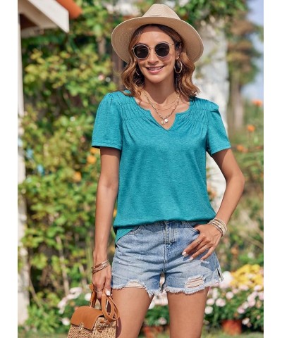 Women's V Neck Short Sleeve T Shirts Workout Loose Lightweight Flowy Summer Pleated Basic Tee Shirts Blue&green $14.74 T-Shirts