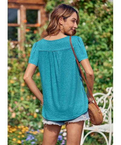 Women's V Neck Short Sleeve T Shirts Workout Loose Lightweight Flowy Summer Pleated Basic Tee Shirts Blue&green $14.74 T-Shirts