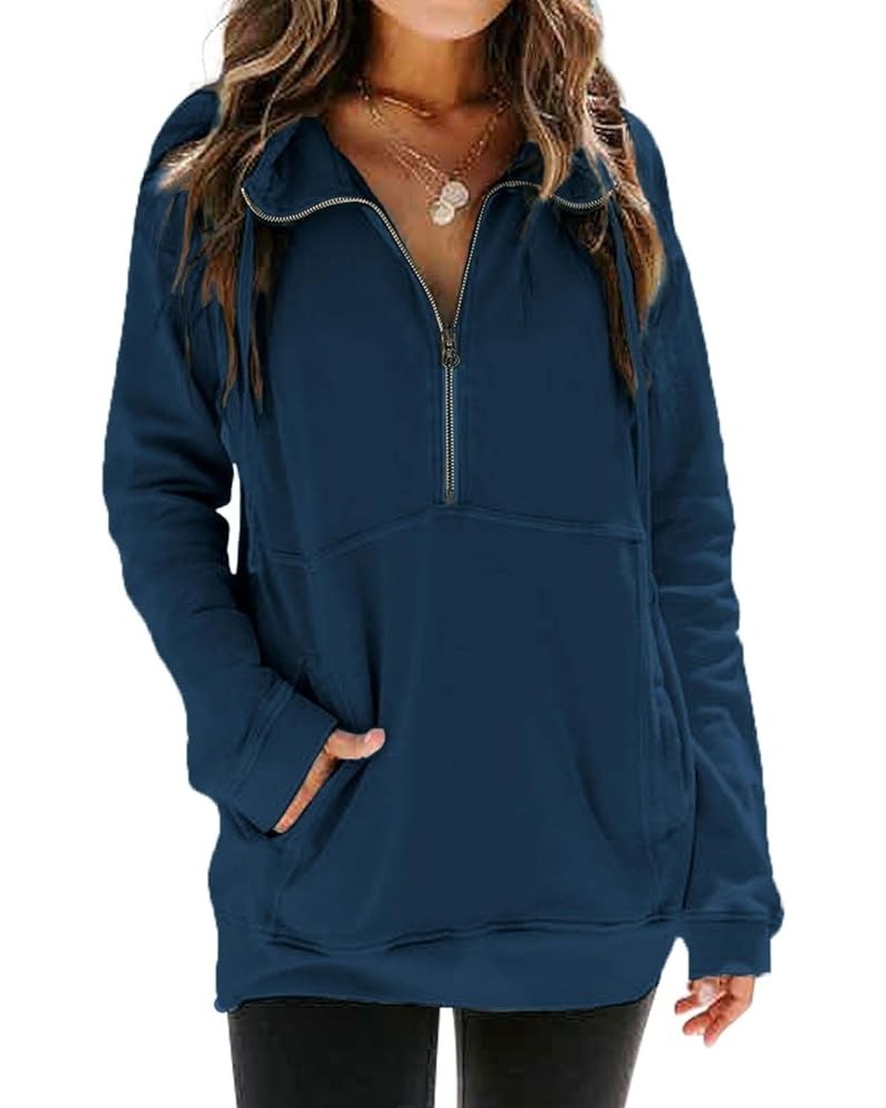 Women's Casual Long Sleeve Half Zip Sweatshirt Lapel Drawstring Oversized Pullover Tops with Pockets（S-2XL 14 Navy Blue $23.7...