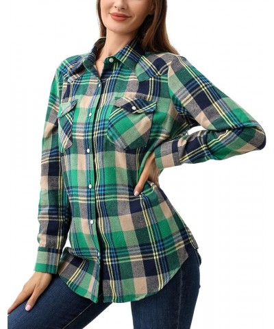 Snap Buttons Flannel Shirts for Women Long Sleeve Shirts for Women Plaid Women Shirts Green Yellow Wfl022 $13.43 Blouses