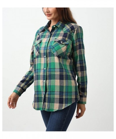 Snap Buttons Flannel Shirts for Women Long Sleeve Shirts for Women Plaid Women Shirts Green Yellow Wfl022 $13.43 Blouses