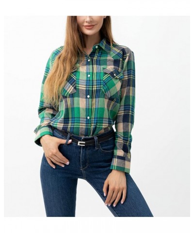 Snap Buttons Flannel Shirts for Women Long Sleeve Shirts for Women Plaid Women Shirts Green Yellow Wfl022 $13.43 Blouses