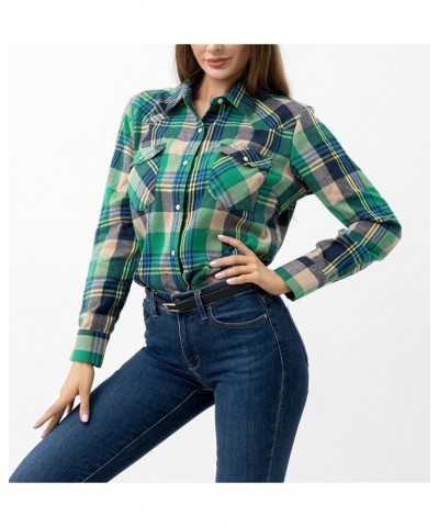 Snap Buttons Flannel Shirts for Women Long Sleeve Shirts for Women Plaid Women Shirts Green Yellow Wfl022 $13.43 Blouses