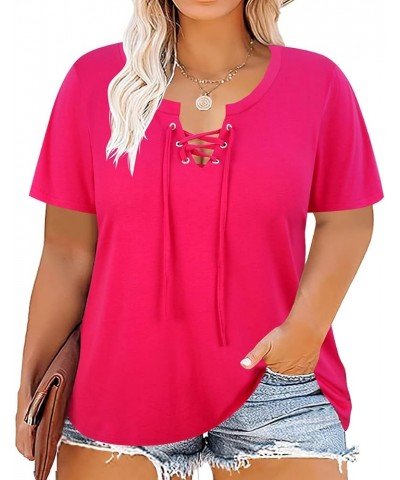 Womens Plus Size Tops Short Sleeve Shirts V Neck Tunic Floral/Tie Dye/Solid Summer Tees XL-5X Lace Up-solid Hot Pink $14.10 T...