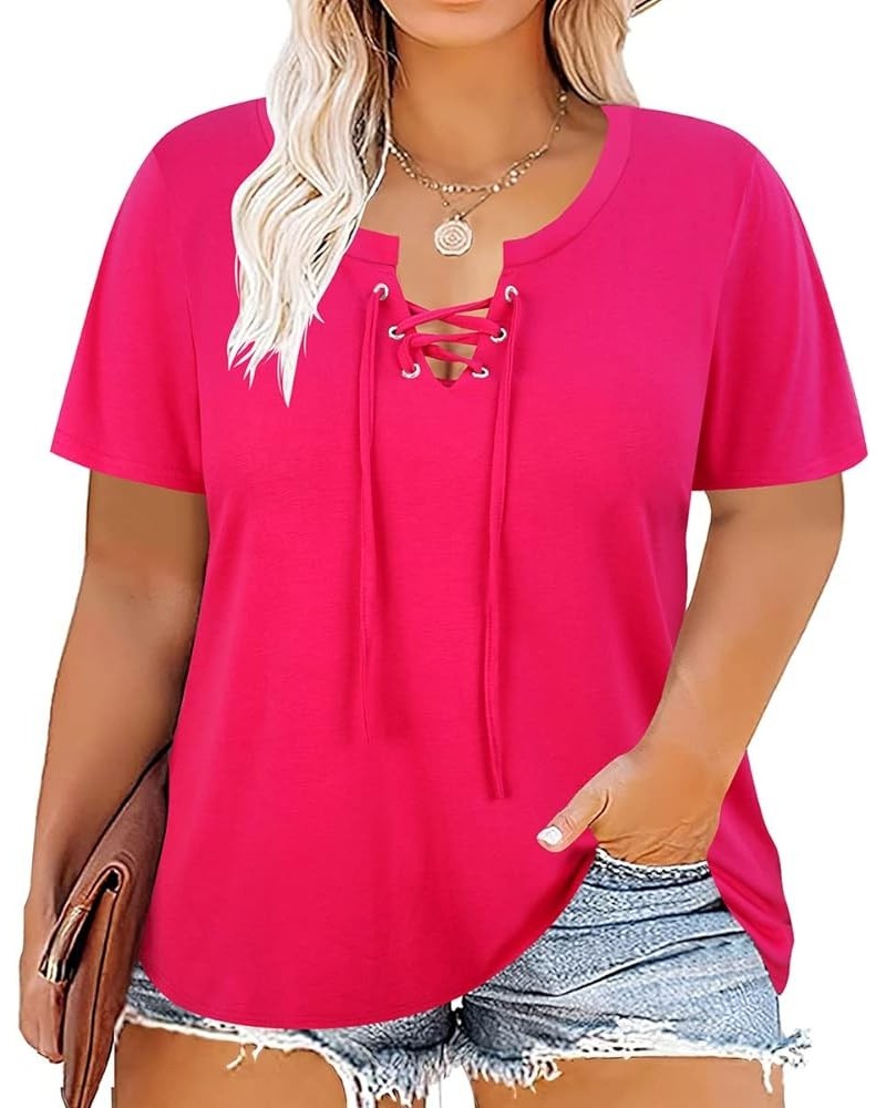 Womens Plus Size Tops Short Sleeve Shirts V Neck Tunic Floral/Tie Dye/Solid Summer Tees XL-5X Lace Up-solid Hot Pink $14.10 T...