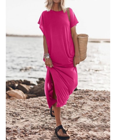 Women's Summer T-Shirt Maxi Dress Batwing Sleeve Crewneck Casual Loose Slit Side Long Beach Dresses Pink $20.70 Dresses