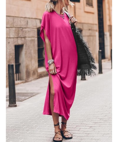 Women's Summer T-Shirt Maxi Dress Batwing Sleeve Crewneck Casual Loose Slit Side Long Beach Dresses Pink $20.70 Dresses