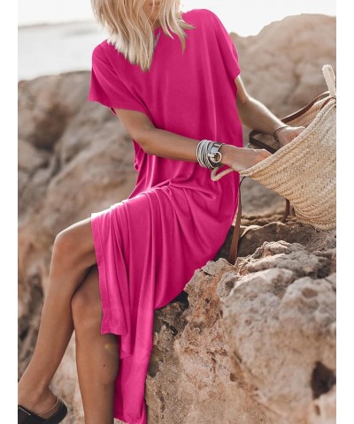 Women's Summer T-Shirt Maxi Dress Batwing Sleeve Crewneck Casual Loose Slit Side Long Beach Dresses Pink $20.70 Dresses