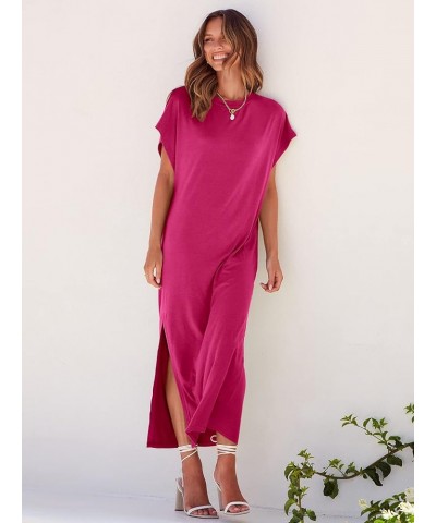 Women's Summer T-Shirt Maxi Dress Batwing Sleeve Crewneck Casual Loose Slit Side Long Beach Dresses Pink $20.70 Dresses