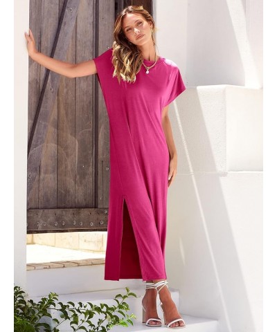 Women's Summer T-Shirt Maxi Dress Batwing Sleeve Crewneck Casual Loose Slit Side Long Beach Dresses Pink $20.70 Dresses