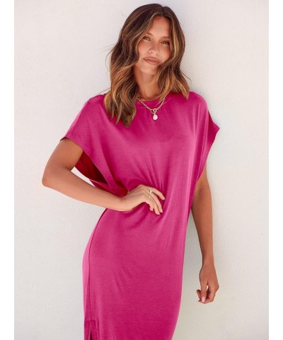 Women's Summer T-Shirt Maxi Dress Batwing Sleeve Crewneck Casual Loose Slit Side Long Beach Dresses Pink $20.70 Dresses