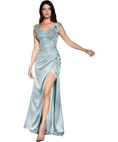 Satin Prom Dresses for Women Slit Long 2024 3D Flower Lace Applique Off Shoulder Maxi Formal Evening Party Gown Sky Blue $35....