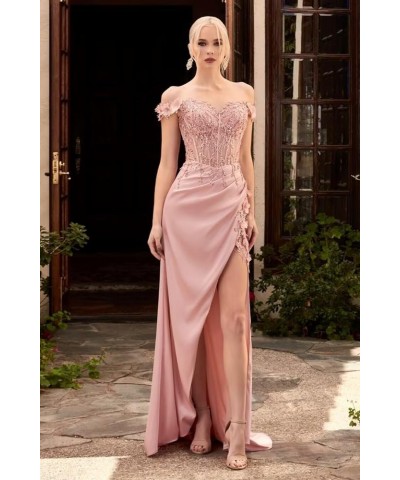 Satin Prom Dresses for Women Slit Long 2024 3D Flower Lace Applique Off Shoulder Maxi Formal Evening Party Gown Sky Blue $35....