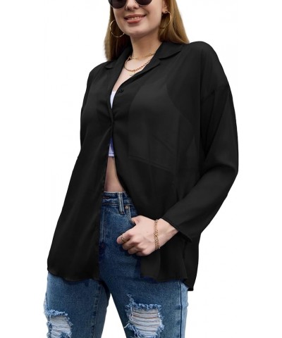 Women's Button Front Long Sleeve Mesh Shirt See Through Sheer Drop-Shoulder V Neck Blouse Tops, S-XL Black $19.71 Blouses