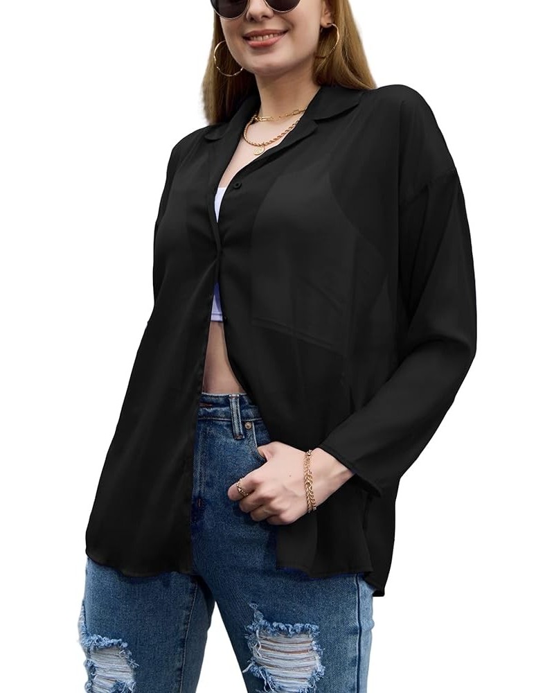 Women's Button Front Long Sleeve Mesh Shirt See Through Sheer Drop-Shoulder V Neck Blouse Tops, S-XL Black $19.71 Blouses