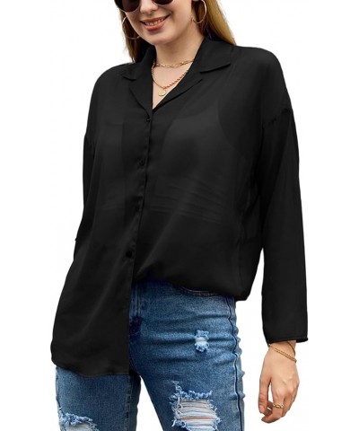 Women's Button Front Long Sleeve Mesh Shirt See Through Sheer Drop-Shoulder V Neck Blouse Tops, S-XL Black $19.71 Blouses