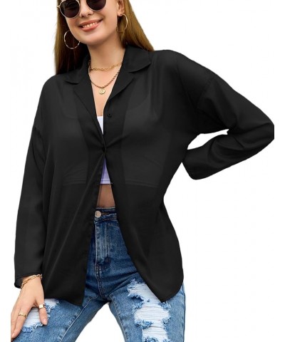 Women's Button Front Long Sleeve Mesh Shirt See Through Sheer Drop-Shoulder V Neck Blouse Tops, S-XL Black $19.71 Blouses