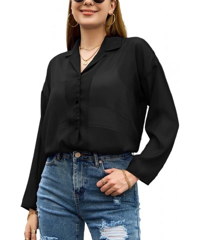 Women's Button Front Long Sleeve Mesh Shirt See Through Sheer Drop-Shoulder V Neck Blouse Tops, S-XL Black $19.71 Blouses