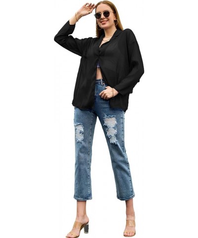 Women's Button Front Long Sleeve Mesh Shirt See Through Sheer Drop-Shoulder V Neck Blouse Tops, S-XL Black $19.71 Blouses