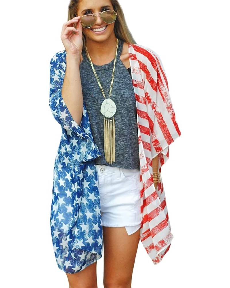 Women's American Flag Kimono Cardigan 4th of July Cover Up Lightweight Patriotic Kimono Cover Up Flag-3042 $10.25 Swimsuits