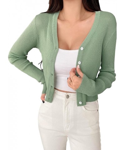 Women's Button Down Solid Crop Cardigan Long Sleeve V Neck Knit Tops Mint Green $18.19 Sweaters