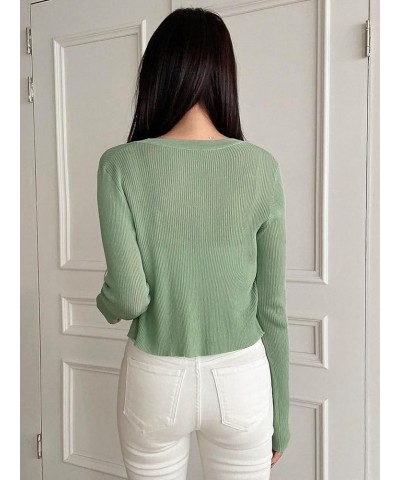 Women's Button Down Solid Crop Cardigan Long Sleeve V Neck Knit Tops Mint Green $18.19 Sweaters