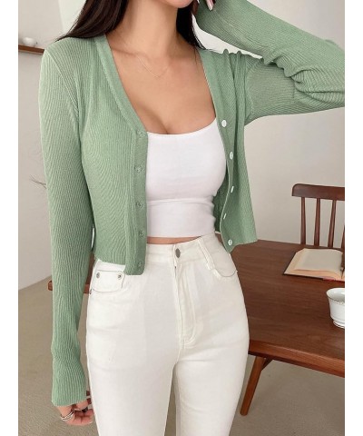 Women's Button Down Solid Crop Cardigan Long Sleeve V Neck Knit Tops Mint Green $18.19 Sweaters