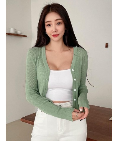 Women's Button Down Solid Crop Cardigan Long Sleeve V Neck Knit Tops Mint Green $18.19 Sweaters