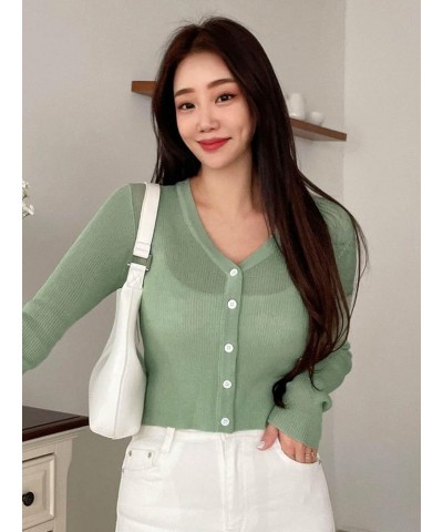 Women's Button Down Solid Crop Cardigan Long Sleeve V Neck Knit Tops Mint Green $18.19 Sweaters