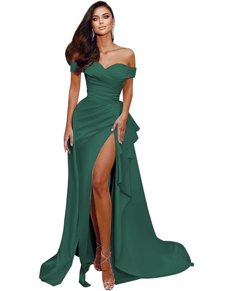 Women's Off The Shoulder Prom Dresses Long Satin Ball Gown with Slit Evening Formal Dress Teal $38.99 Dresses