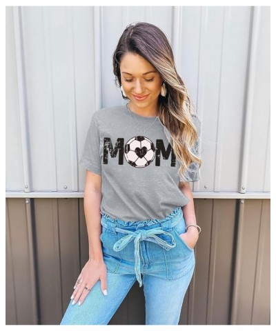 Women Soccer Mom Shirt Game Day Football Shirts Mom Letter Printed Graphic Tee Soccer Ball Mom Life Causal Top Gray $13.49 T-...