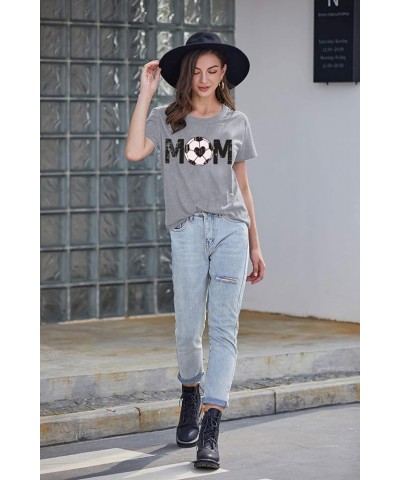 Women Soccer Mom Shirt Game Day Football Shirts Mom Letter Printed Graphic Tee Soccer Ball Mom Life Causal Top Gray $13.49 T-...